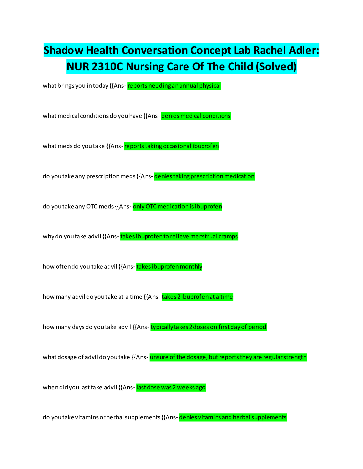 Preview of Shadow Health Conversation Concept Lab Rachel Adler: NUR 2310C Nursing Care Of The Child (